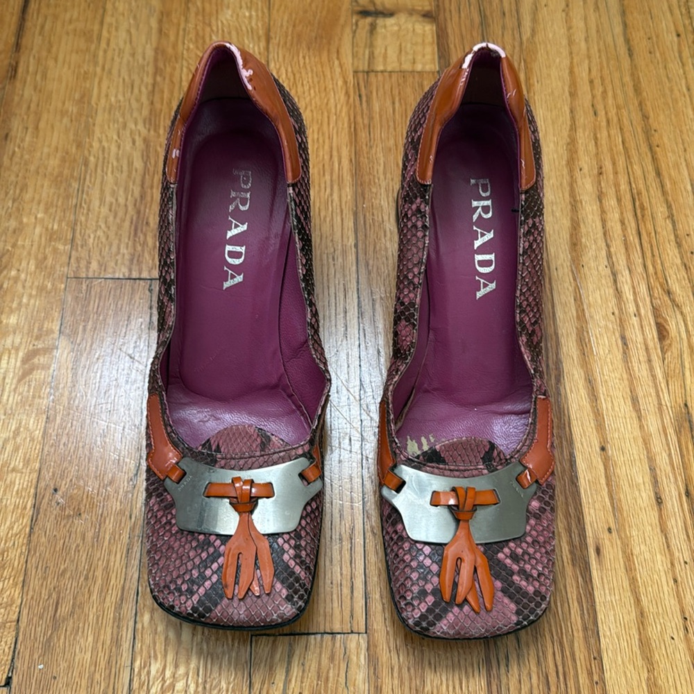 Prada Vintage Pink Python / Orange Patent Leather Square Toe Pumps / Size 37